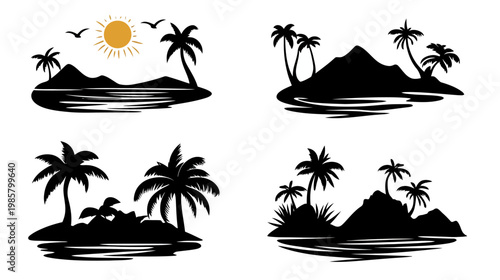 Four silhouettes of tropical islands with palm trees, mountains, water, and sun