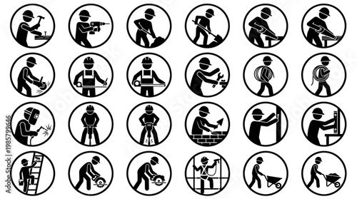 Black and white construction worker icons.