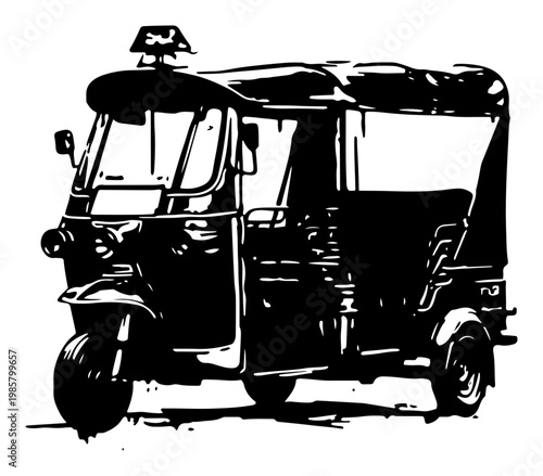 Auto rickshaw taxi vehicle vector illustration in black ink style