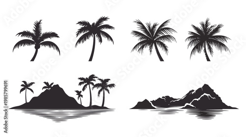 Black and white illustration of palm trees, islands, and mountain silhouettes with water reflections