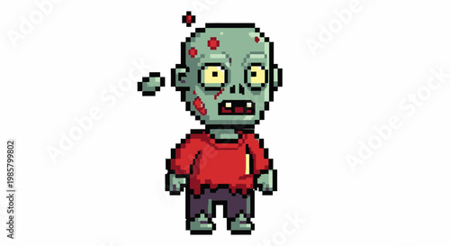 Pixel Art Zombie Character with Red Shirt and Green Skin.