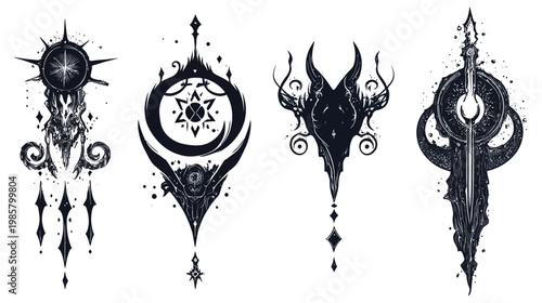 Four dark ink illustrations, each featuring ornate, gothic designs with celestial and abstract elements