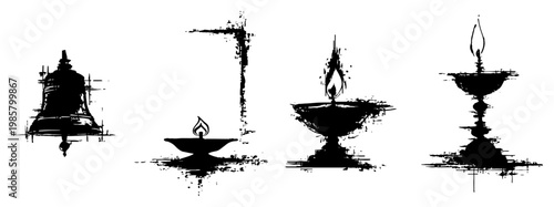 Traditional Hindu prayer items including bell and oil lamps vector illustration