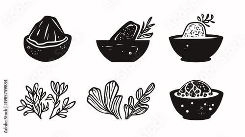 A collection of six black and white line art illustrations of food and plants on a white background