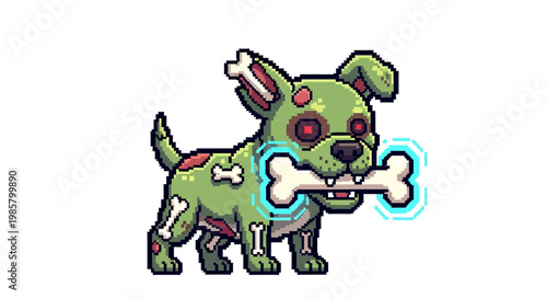 Pixel Art Zombie Dog Holding Bone Glowing.