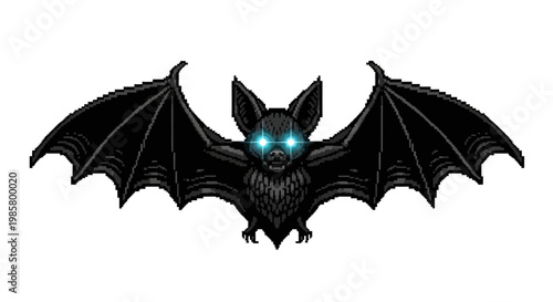 Scary Black Bat with Glowing Blue Eyes Flying.