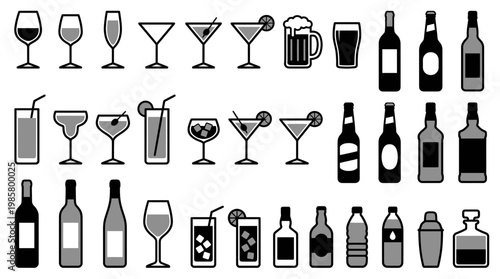 Large set of minimalist drink and alcohol icons featuring bottles, wine glasses, cocktails and beer mugs on white background, concept for menu design, bar signage and beverage branding