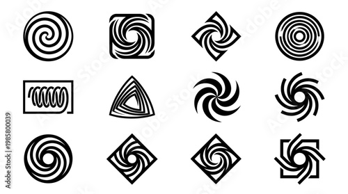 Twelve black abstract geometric spiral and vortex icons with minimalist circular and square shapes on white background, concept for brand identity, modern logo design and creative marketing symbols