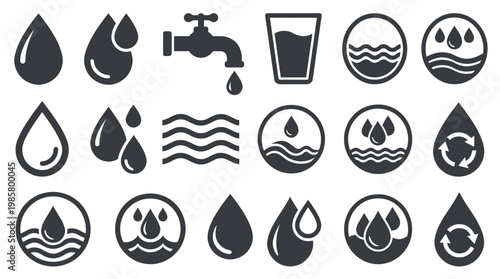 Minimalist water drop icons collection with faucet waves and glass isolated on white background, concept for eco friendly branding, plumbing service and environmental conservation infographic