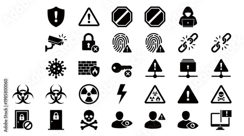 Black icons of security and warning.