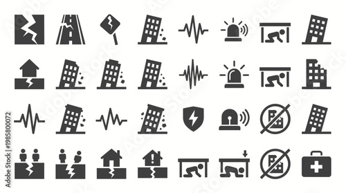 Set of earthquake and natural disaster icons featuring building collapse and employee safety procedures, concept for office safety training, risk management and corporate emergency plan