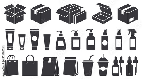 Black flat packaging icons set featuring cardboard boxes cosmetic tubes bottles shopping bags and paper containers, concept for product branding identity retail logistics and marketing mockup