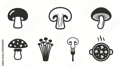Set of various mushroom icons including champignon enoki and soup pot in black and white flat design, concept for culinary branding, healthy food logo and restaurant menu design