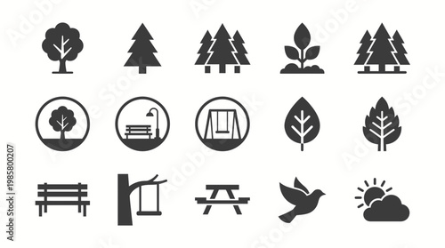 Collection of park and nature vector icons featuring trees, leaves, benches and outdoor elements on white background, concept for environmental web design, urban landscaping and eco branding