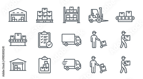 Thin line icons of logistics managers, warehouse storage, forklift, conveyor belt, truck and inventory tracking, concept for supply chain management, distribution and fulfillment services