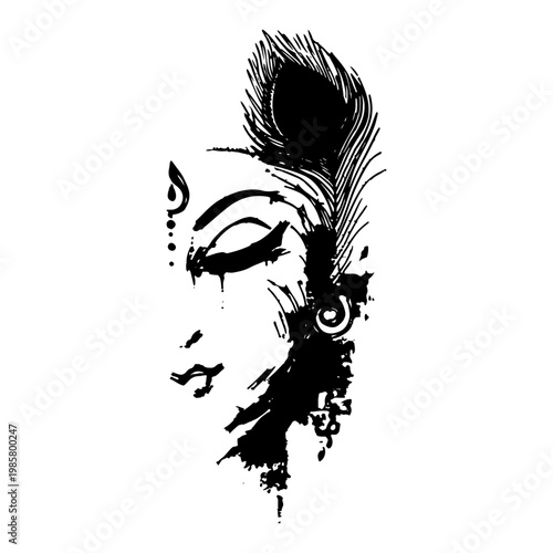 profile portrait of hindu god krishna with peacock feather in grunge style