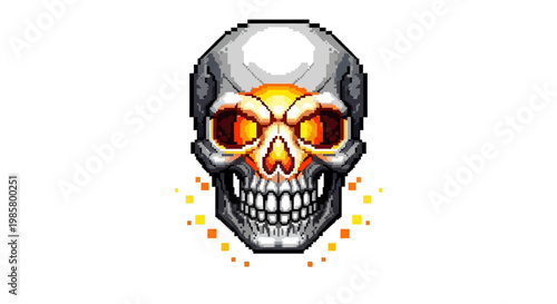 Scary Pixelated Skull with Fiery Glowing Eyes and Sparks.