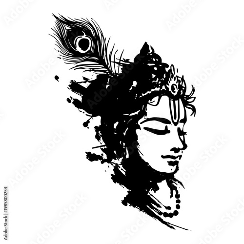 artistic illustration of hindu god krishna face with crown and peacock feather