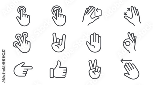 Minimalist outline icons of hand gestures and touch screen interactions on white background, concept for business software interface, office manager task and corporate application design