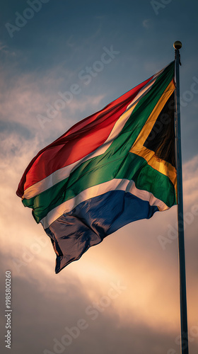 south african flag waving in the sky at sunset. flag of south africa