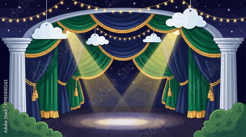 Illustrated theater stage with elegant green and blue curtains featuring white columns and starry night sky backdrop under spotlights, concept for theatrical performance, event and stage production