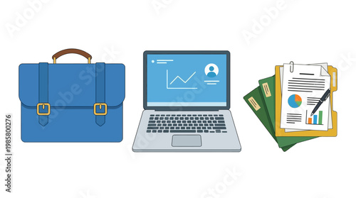 Business finance laptop briefcase documents.