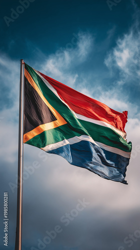 south african flag waving in the sky. flag of south africa