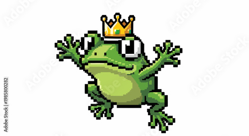 Pixelated Frog King with Crown and Big Eyes.