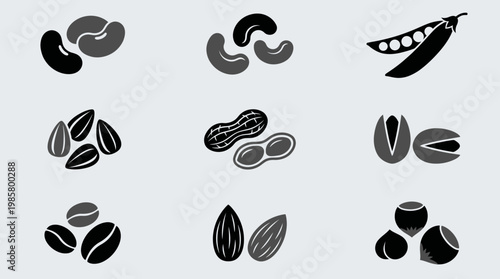 Flat vector icons set of various nuts and seeds including almond peanut coffee bean and pea on light background, concept for healthy nutrition, organic snack packaging and grocery store logo design
