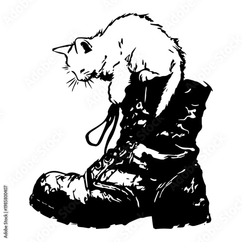 Cute kitten resting on a combat boot vector illustration in grunge style