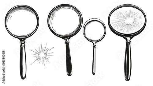 Line art illustration of magnifying glasses of varying sizes, with lightburst and monochrome