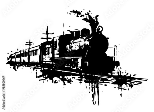 vintage steam train locomotive driving on tracks in grunge ink style