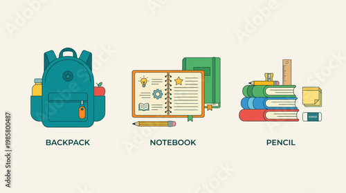 School Backpack Books and Stationery.