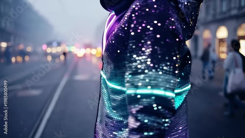 A person stands confidently on a bustling street adorned in a dazzling light up jacket. The evening fog enhances the vibrant colors, blending fashion with urban nightlife.