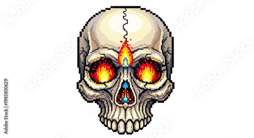 Pixel Art Skull with Fiery Eyes and Third Eye.