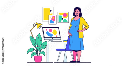 Pregnant woman standing next to her desk.