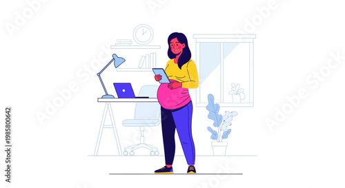 Pregnant Woman Working on Tablet at Desk.