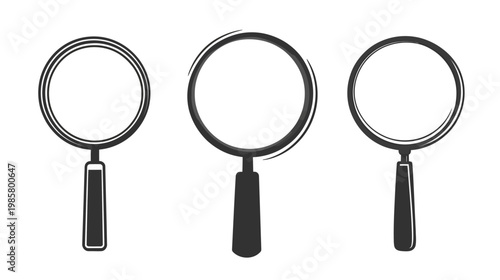Three stylized magnifying glasses, each in different shapes, against a white background