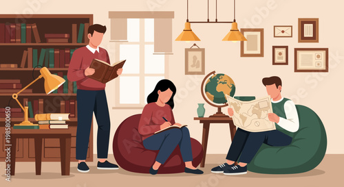 Students studying and reading in a cozy library setting.