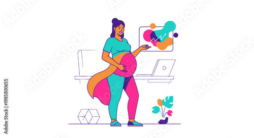 Pregnant woman superhero illustration with cape and laptop.