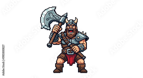 Pixel Art Viking Warrior Holding Large Axe.