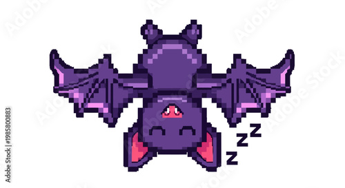 Pixel Art Sleeping Bat Hanging Upside Down.