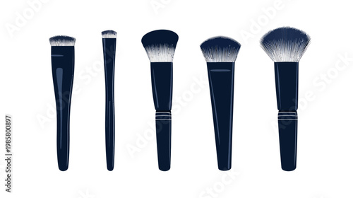 Illustration of five makeup applicators, each with different brush shapes and dark blue handles