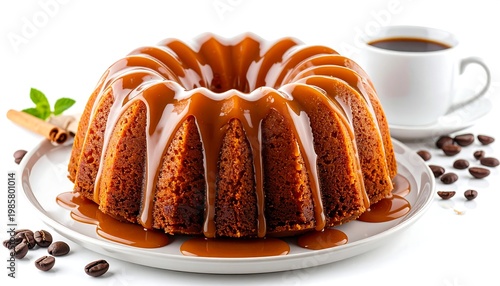 A scrumptious, round cake glazed with caramel on a white plate, beside a cup of coffee with coffee beans scattered around