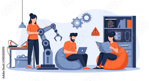 Team working on robotic arm project with laptops.