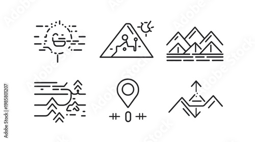 Collection of six black and white minimalist line illustrations featuring landscapes and wayfinding symbols