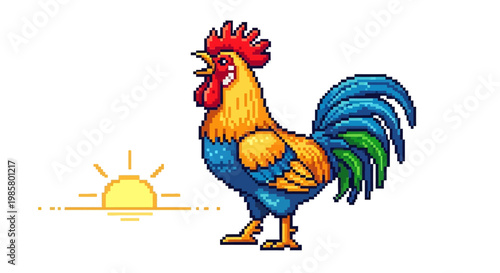 Rooster Crowing at Sunrise Pixel Art Illustration.