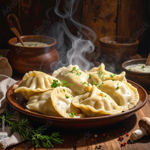 Steaming plate of dumplings with herbs on a wooden table
