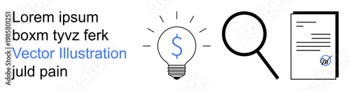 Financial analysis, brainstorming, content review, innovation, research tools, business strategy. Lightbulb with dollar sign, magnifying glass and document icon. Financial analysis and brainstorming