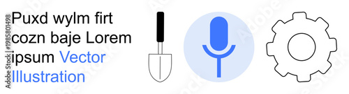 Communication, tools, settings, digital media, functionality, technology operations. Microphone in a blue circle with a shovel and gear icon. Communication and tools concept for technology